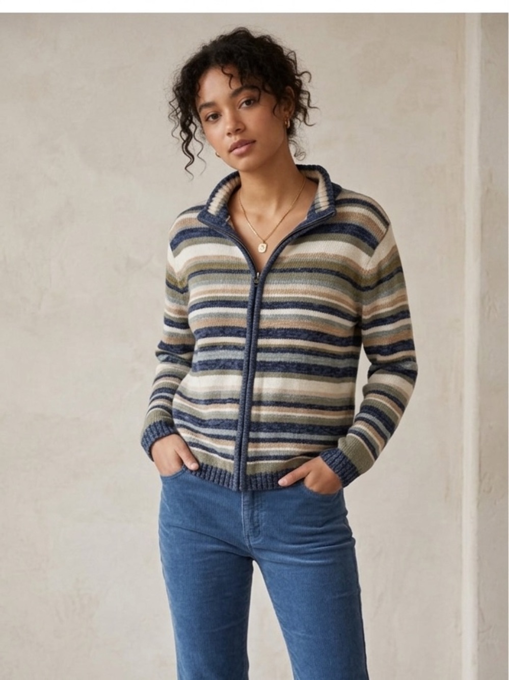 Tiara International vintage blue Multicolor Striped Cardigan size S